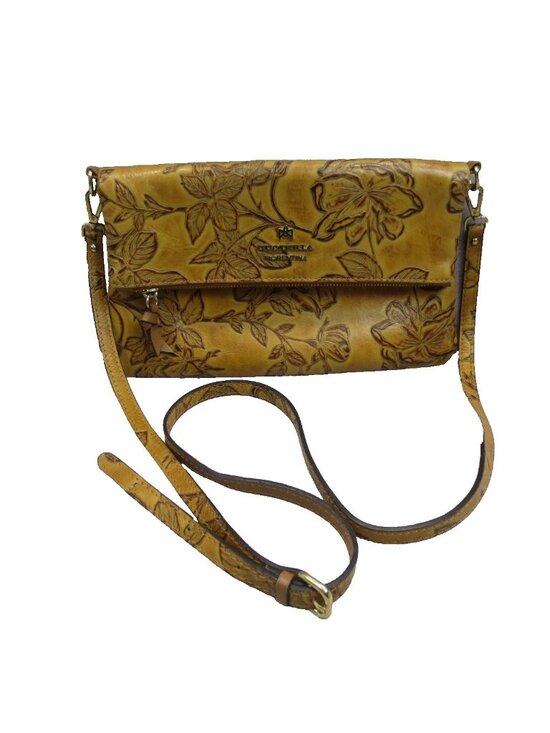 Cuoieria Fiorentina Handbags - Cuoieria Fiorentina Genuine Tooled Leather Foldover Shoulder Bag Tan Flora Italy